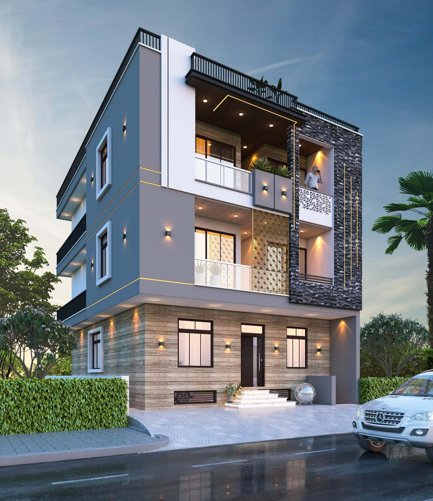 Vivienda de cuatro niveles con balcones