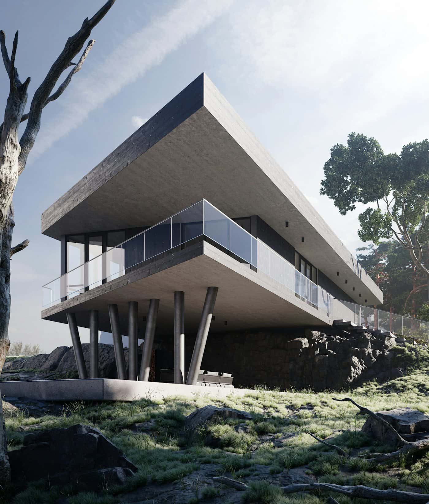 Casa de hormigón en voladizo entre árboles